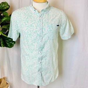 Men's O'Neill White Short Sleeve Button Down with Green Abstract Line Print
